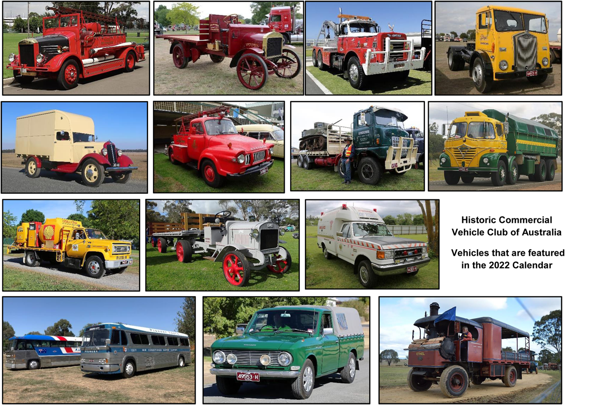 A collage of trucks that appear in the 2022 Calendar for the HCVC 50th Anniversary